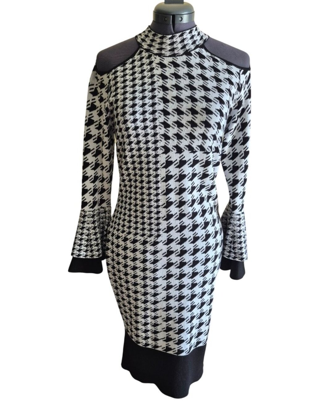 Venus Cold-Shoulder Houndstooth Sweater Dress With Bell Sleeves M